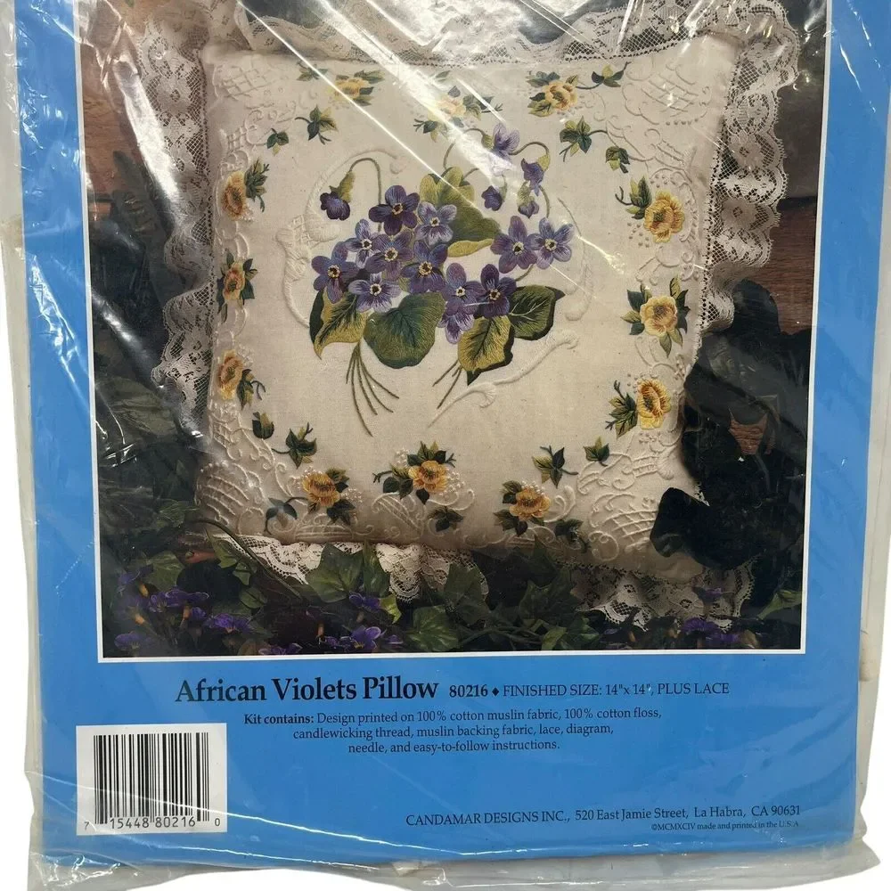 Vintage Embroidery Kit African Violets Pillow Embroidery Kit NEW 14
